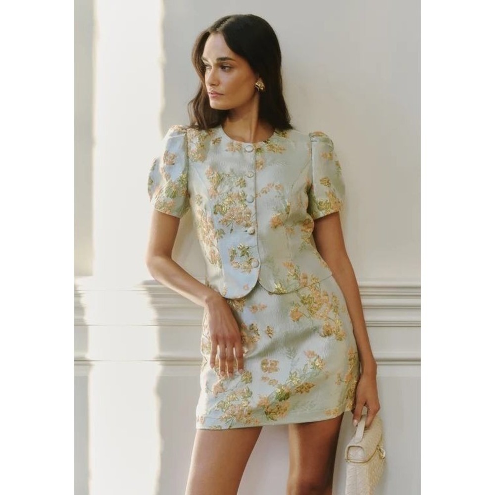 NWT Kourt Aurea Brocade Skirt Set in Frosted Rose Floral - Size 0